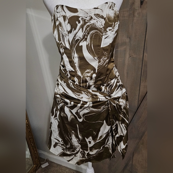 EMORY PARK Olive swirl BUSTIER MINIDRESS WITH WAIST TIE. Size Med NWT - Picture 7 of 16